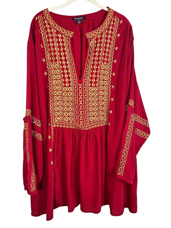 Romans Tops - Colorful Embroidered Boho Tunic Top Red Regency Peasant Ethnic Indie Folk Chic